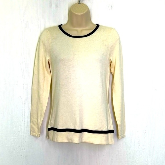 Lauren Ralph - Ivory Crewneck Black Contrast Trim Tie Back Lightweight Top Small - Picture 1 of 9